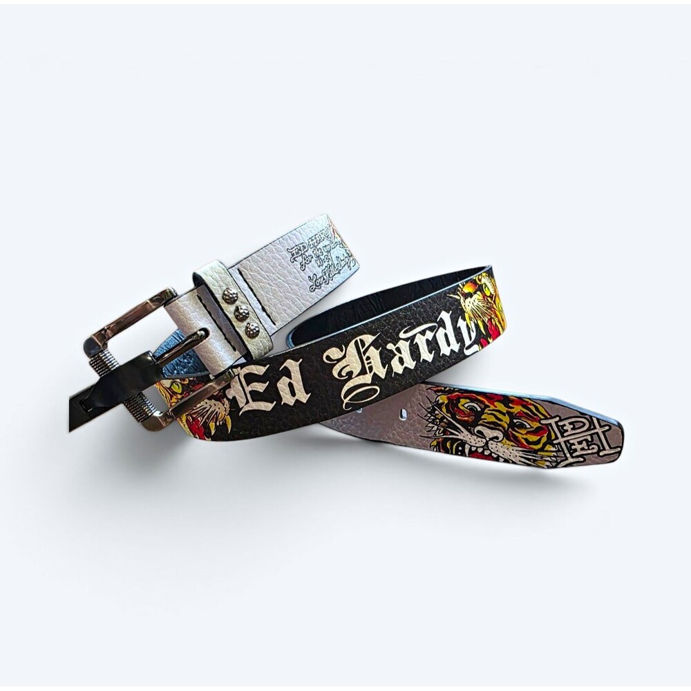 NEW Ed Hardy Men’s Tiger Graphic Studded Belt Metal Buckle Gray Size 36